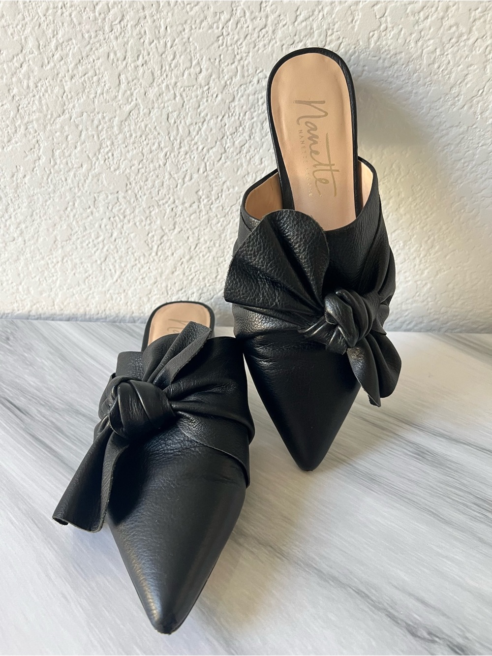 Nannette Black Pointed Leather Knot Mules Cottage Boho Luxury Soft Sz 6.5